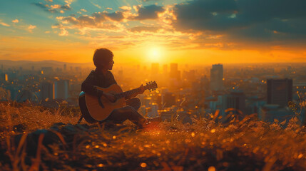 A serene and magical moment when the silhouette of a child sits on a grassy field against the backdrop of the city, engrossed in playing the guitar, under a sky glowing with warm shades of orange and 