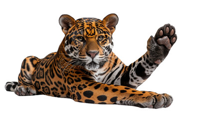 A mesmerizing image of a jaguar lying down and casually raising its paw, displaying its beautiful coat