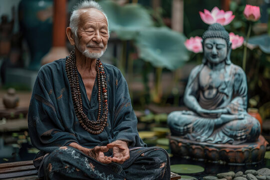 An elderly man meditates with a Buddha statue in a natural setting, surrounded by green plants and flowers, creating a feeling of calm and tranquility.