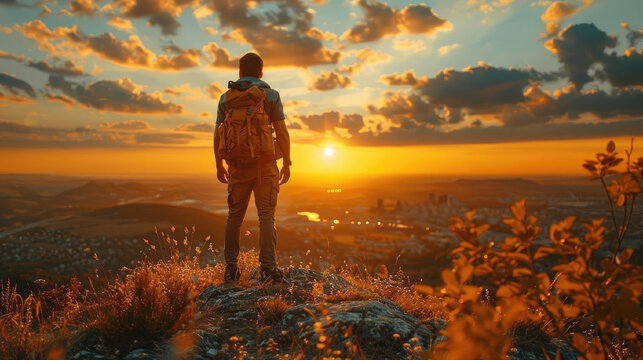 This image captures a person standing on a hilltop, overlooking a scenic view of a cityscape bathed in the golden hues of sunset, evoking a sense of achievement and tranquility