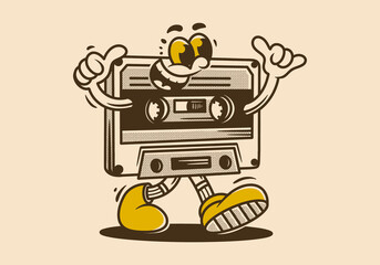 Vintage illustration of walking Cassette tape mascot character with happy face