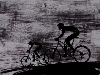 Mountain bike cyclists, brush stroke. 
Illustration of two cyclists on  expressive grunge background. 