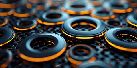 Abstract background of metallic gears with orange accents.