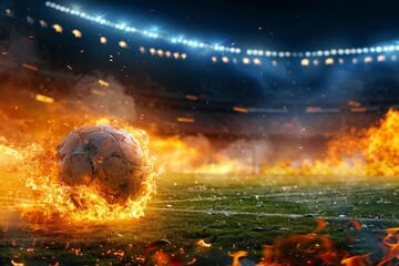 Fast moving soccer ball engulfed in flames races toward stadium field