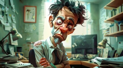 Personnage cartoon d'un homme travaillant dans son bureau. - obrazy, fototapety, plakaty