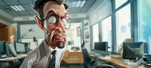 Personnage cartoon d'un homme en colère travaillant dans son bureau. - obrazy, fototapety, plakaty