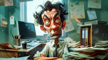 Personnage cartoon d'un homme travaillant dans son bureau. - obrazy, fototapety, plakaty