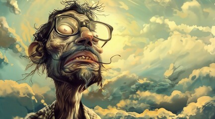 Personnage cartoon d'un homme senior regardant le ciel, image avec espace pour texte. - obrazy, fototapety, plakaty