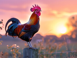 Rooster perched on the fence and crowed. On a calm and sunny morning. - obrazy, fototapety, plakaty