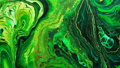 Abstract bright green painting background. Art with liquid fluid grunge texture. Acrylic painted waves.