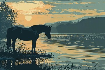horses on the lake
