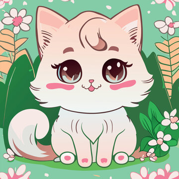 a beautiful cat,forest, lush vegetation, no free license, i want the designs to be special to me, please dont show them to others, vector illustration kawaii