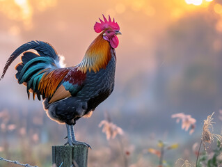 Rooster perched on the fence and crowed. On a calm and sunny morning. - obrazy, fototapety, plakaty