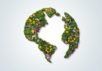 Invest in our planet. Earth day 3d concept background. Ecology concept. Design with 3d floral globe map drawing and leaves isolated on white background. 