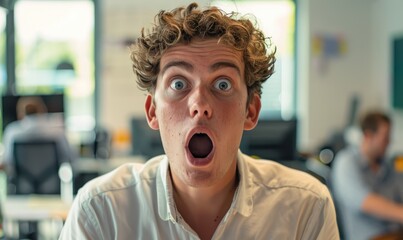 A young surprised male office worker with an open mouth - obrazy, fototapety, plakaty