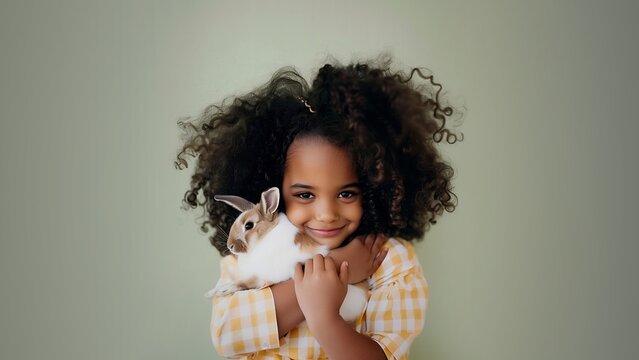 african american girl with curly hair holding easter rabbit