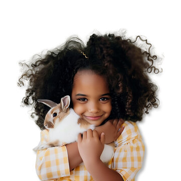 african american girl with curly hair holding easter rabbit. Transparent background