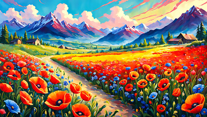 Obraz na płótnie Canvas The landscape is a poppy field and mountains. oil painting