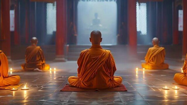 Buddhist Monks Meditating In Serene Temple, Practicing Ancient Rituals Reverently Video