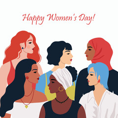 Group of women of different nationalities ethnicity and hairstyle. Female diverse portraits. International Women's day, 8 March design. Women's friendship, sisterhood. Vector illustration