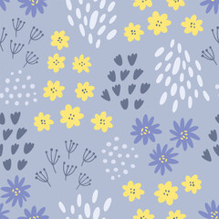 Seamless colorful floral pattern with wild abstract flowers. Ditsy print.  Simple Scandinavian style. Vector illustration