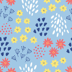 Seamless colorful floral pattern with wild abstract flowers. Ditsy print.  Simple Scandinavian style. Vector illustration