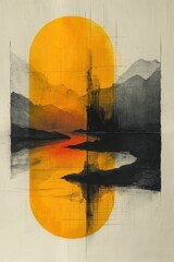 Harmony in Abstraction: Exploring the Balance and Tranquility of a Watercolor Painting, where Sun and Mountains Converge in Elegant Simplicity.