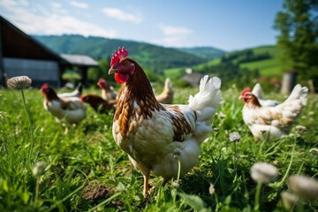 Fototapeta premium Chicken and hen, rooster, cock, poultry yard and chicken coop. Bird and fowl, animal, fowl-run, henhouse and hennery