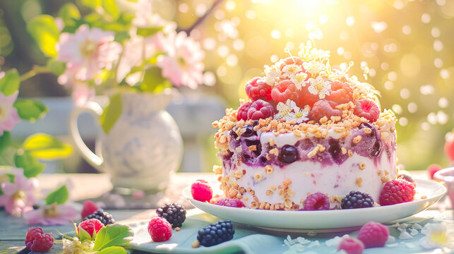 Raw vegan berry cake with granola, gluten-free on a table in the summer garden. Cafe, confectionery Menu, low calorie dessert recipe. Healthy summer dessert