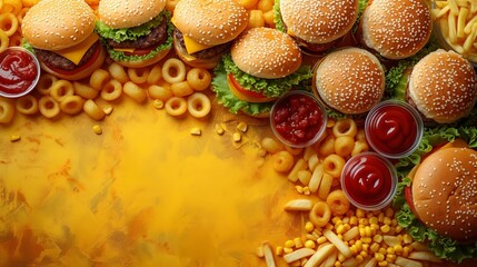 Flatlay Burger with sesame bun and beef patty on a yellow background served with fries. Concept: takeaway food, high-fat, high-calorie food. Copy space