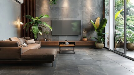 Modern Living Room with Grey Tiles and Brown Sofa

