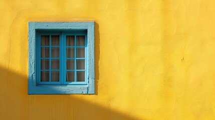 Fototapeta na wymiar Bright sun rays shining through window casting shadows of window frame on sunny yellow wall.