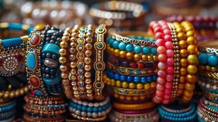 Fototapeta premium A vibrant array of bracelets adorned with various jewels in a close-up shot.