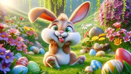 Cheerful Easter Bunny Enjoying Bright Spring Day. cute Easter bunny sits among painted eggs and blooming flowers on sunny day. - 748105752