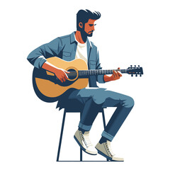 Musician man playing guitar acoustic vector illustration, male guitarist performing music, String instrument player design template isolated on white background