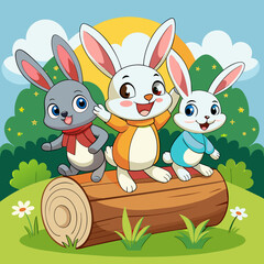 Three rabbit cartoon playing in the log, wearing cloth and cloudy blue sky in the background