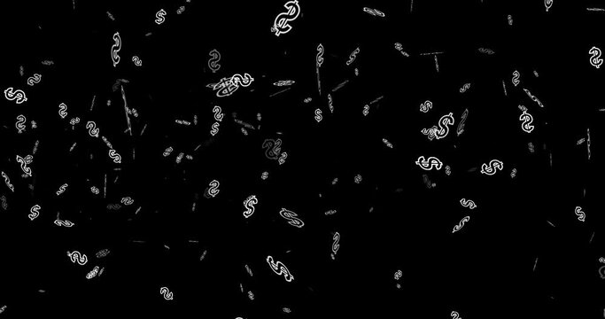 
4K Dollar sign rain moving particle background. Seamless loop dollar rain overlay animation for finance economical gold and saving. White dollar currency symbol fly through motion graphic. Luck matri