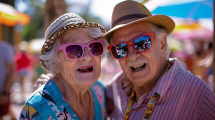 Two seniors smiling and posing for a silly photo with oversized novelty sunglasses adding to the fun atmosphere - obrazy, fototapety, plakaty