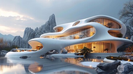 Fototapeta premium A futuristic white structure with glowing interiors sits by a reflective water body in a misty setting.