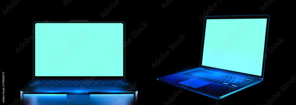 Leinwandbilder a portable neon computer with a blank screen and a desk in a dark room with blue lighting. technolog