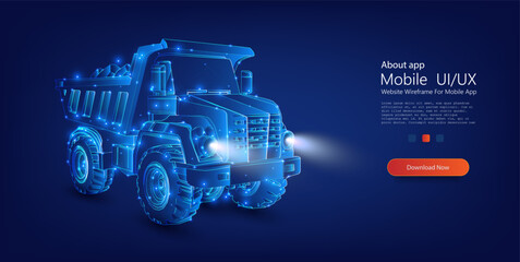 Futuristic Holographic Dump Truck on Dark Background. Striking image features a digital hologram of a dump truck, glowing in blue, highlighting the fusion of construction and advanced technology.
