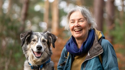 An older woman smiling as she takes a leisurely stroll with her pet dog through the park