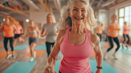 An older woman smiling and sweating as she follows the instructor's lead during a Zumba fitness session  - obrazy, fototapety, plakaty