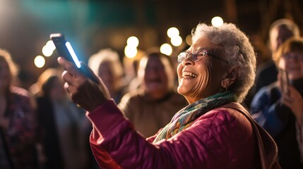 Older woman smiling and singing along with the crowd as she holds up a glowing smartphone 