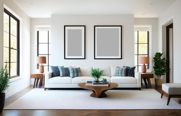 Fototapeta na wymiar Interior Elegance: Empty Frame Adorning the Wall in House Design