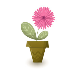 Flower with pink petals in a green pot. Deciduous house plants. Vector illustration with shadow and gradient. Icon, single design.
