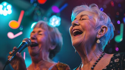 Elderly woman smiling and enjoying a karaoke duet with a friend, with colorful stage lights