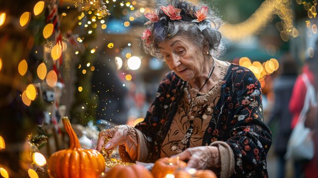 An older woman in a fairy godmother costume sprinkling glitter on Halloween decorations