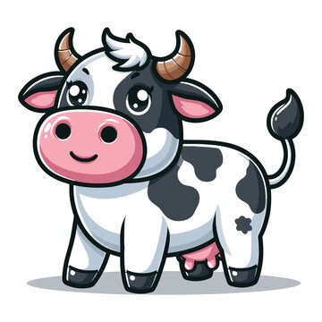 Cute cow full body cartoon mascot character vector illustration, funny adorable farm pet animal cow design template isolated on white background
