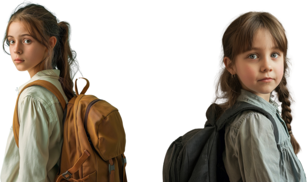 Girl going to school with backpack looking back, kid going to tuition for study turning back